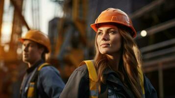 jong vrouw ingenieur in beschermend helm en kleren Bij werk plaats. generatief ai foto