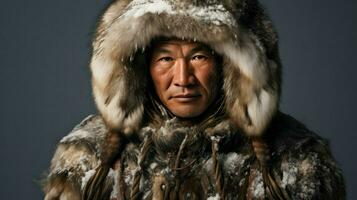 een Eskimo vervelend traditioneel kleren. generatief ai foto