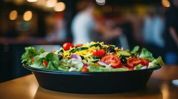 ai gegenereerd vers salade met kers tomaten, komkommers en rood ui Aan zwart achtergrond. gemengd salat detailopname. foto