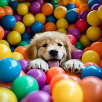 een gouden retriever puppy vredig slapen degelijk in een kleurrijk bal pit. ai generatief foto