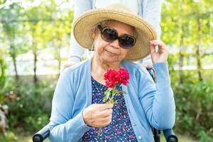 Aziatisch senior vrouw Holding rood roos bloem, glimlach en gelukkig in de zonnig tuin. foto