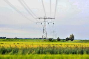 een beeld van een elektrisch macht lijn in een veld- foto