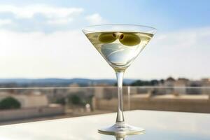 klassiek martini cocktail met olijf- garneer in op het dak bar geïsoleerd Aan een wit achtergrond foto