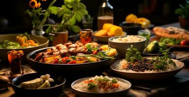feestelijk tafel, veel gerechten van verschillend landen van de wereld - ai gegenereerd beeld foto