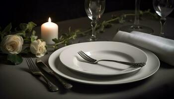 elegant tafel instelling met zilverwerk, kaarslicht, en wijnglas voor viering gegenereerd door ai foto