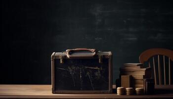 oud fashioned schoolbord, houten bureau, antiek boek, roestig metaal omgaan met gegenereerd door ai foto