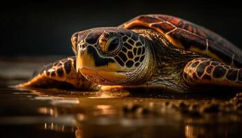 een schattig schildpad zwemmen onderwater, haar schelp reflecterend schoonheid in natuur gegenereerd door ai foto