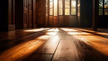 houten vloeren en oud muren creëren een donker, modern interieur gegenereerd door ai foto