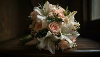 een mooi boeket van vers bloemen siert de bruiloft tafel gegenereerd door ai foto