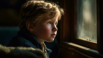 een schattig blond jongen op zoek door venster, overweegt natuur schoonheid gegenereerd door ai foto