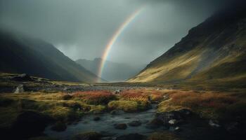 majestueus berg bereik, rustig weide, regenboog over- besneeuwd landschap gegenereerd door ai foto