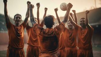 een groep van mannen spelen voetbal, glimlachen met succes gegenereerd door ai foto