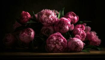 natuur boeket roze pioen, vers tulp, liefde viering, rustiek elegantie gegenereerd door ai foto