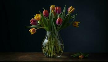 versheid van natuur schoonheid in een boeket van levendig tulpen gegenereerd door ai foto