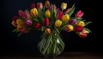 levendig tulp boeket brengt versheid en schoonheid naar natuur tafel gegenereerd door ai foto