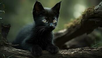 schattig katje zittend in gras, staren Bij boom met nieuwsgierigheid gegenereerd door ai foto