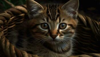 schattig huiselijk kat zittend buitenshuis, staren met speels nieuwsgierigheid gegenereerd door ai foto