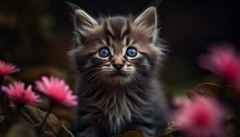 schattig katje zittend in gras, staren Bij bloem met nieuwsgierigheid gegenereerd door ai foto
