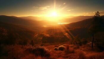 zonsondergang over- de berg bereik, een rustig tafereel van natuurlijk schoonheid gegenereerd door ai foto