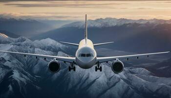 vliegend reclame vliegtuig over- besneeuwd berg bereik, een adembenemend reis gegenereerd door ai foto
