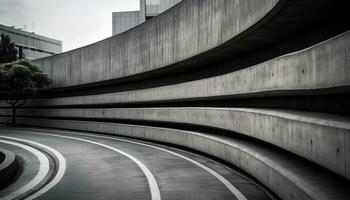 futuristische beton architectuur bochten, verdwijnen punt, zwart en wit stadsgezicht gegenereerd door ai foto