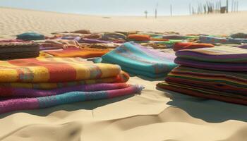 multi gekleurde handdoek Aan zand duin, een levendig strand handdoek verzameling gegenereerd door ai foto