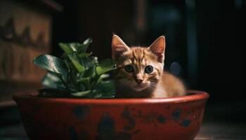 schattig katje zitten, op zoek Bij camera, omringd door groen planten gegenereerd door ai foto