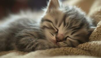 schattig katje slapen, pluizig vacht, bakkebaarden, katachtig ontspanning, gestreept schoonheid gegenereerd door ai foto