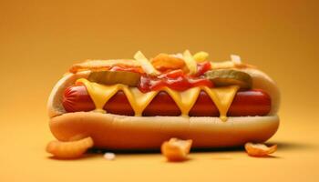 gegrild heet hond Aan broodje, ongezond Amerikaans picknick maaltijd gegenereerd door ai foto