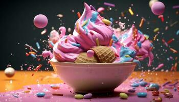 ijs room ijscoupe met chocola, aardbei, en kleurrijk confetti gegenereerd door ai foto