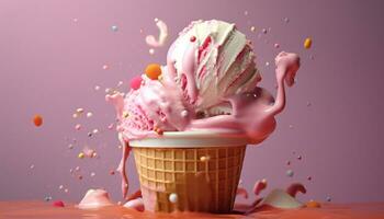 blij viering met kleurrijk confetti, ijs room, en aardbeien gegenereerd door ai foto