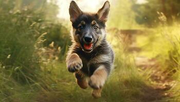 schattig puppy rennen buitenshuis, spelen met vrienden in weide gegenereerd door ai foto