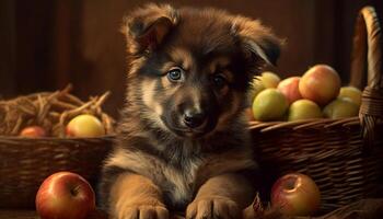 schattig puppy zittend in een mand, op zoek Bij camera gegenereerd door ai foto