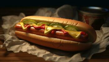 gegrild heet hond Aan bun met ketchup, een maaltijd gegenereerd door ai foto