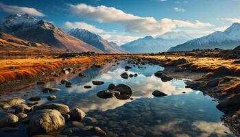 majestueus berg top weerspiegelt in rustig water, omringd door natuur gegenereerd door ai foto