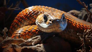 spookachtig adder in de wild, dichtbij omhoog van haar gevaarlijk hoektanden gegenereerd door ai foto