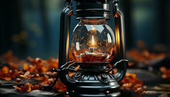 gloeiend kaars verlicht rustiek tafel in donker, oud fashioned lantaarn gegenereerd door ai foto