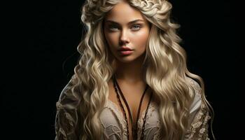 blond haren vrouw, schoonheid, mode, sensualiteit, elegantie, gekruld haren aantrekkingskracht gegenereerd door ai foto