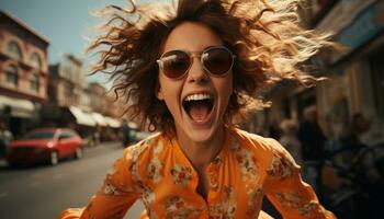 glimlachen jong vrouw in zonnebril geniet zorgeloos zomer buitenshuis gegenereerd door ai foto