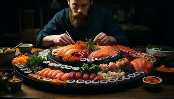 een bord van vers zeevruchten, vis, en fijnproever sashimi broodjes gegenereerd door ai foto