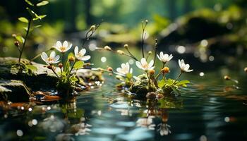 de geel bloem weerspiegelt in de rustig vijver, presentatie van natuur schoonheid gegenereerd door ai foto