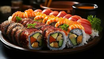 vers zeevruchten bord, een fijnproever maaltijd van sashimi en maki sushi gegenereerd door ai foto