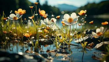 versheid van zomer weide, geel madeliefje bloesem in rustig water gegenereerd door ai foto