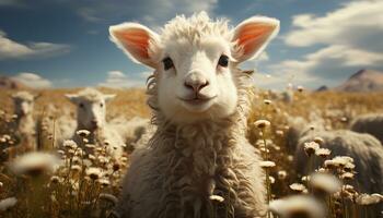 schattig alpaca begrazing Aan een zonnig weide, pluizig en onschuldig gegenereerd door ai foto