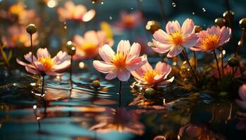 een levendig roze lotus bloesem weerspiegelt in een rustig vijver gegenereerd door ai foto