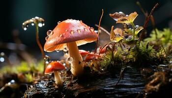 versheid van herfst, een dichtbij omhoog van een slijmerig vlieg agaric paddestoel gegenereerd door ai foto