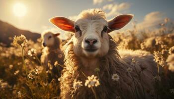 schattig jong lam begrazing in groen weide Bij zonsondergang gegenereerd door ai foto