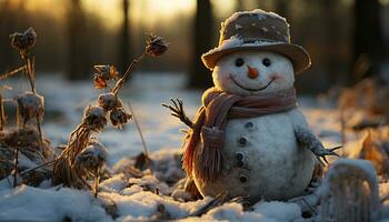 vrolijk sneeuwman viert winter met schattig sneeuwbal strijd buitenshuis gegenereerd door ai foto