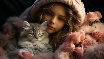glimlachen kind omarmt pluizig katje, uitstralend liefde en onschuld gegenereerd door ai foto
