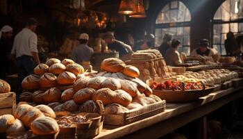 markt verkoper verkoop vers brood en biologisch fruit gegenereerd door ai foto